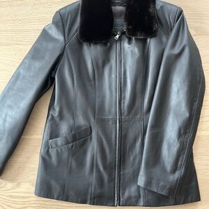 Jessica Black Leather Jacket with Dark Fur Collar